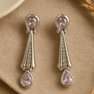 Sterling Silver Drop Earrings 1.5 Inch Pink Teardrop CZ Elegant Dangle